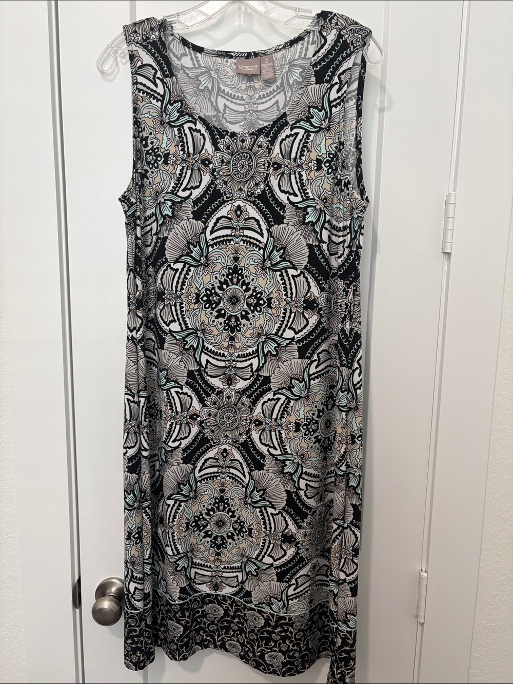Chico's Black, Cream & Mint Sleeveless Patterned Midi Dress